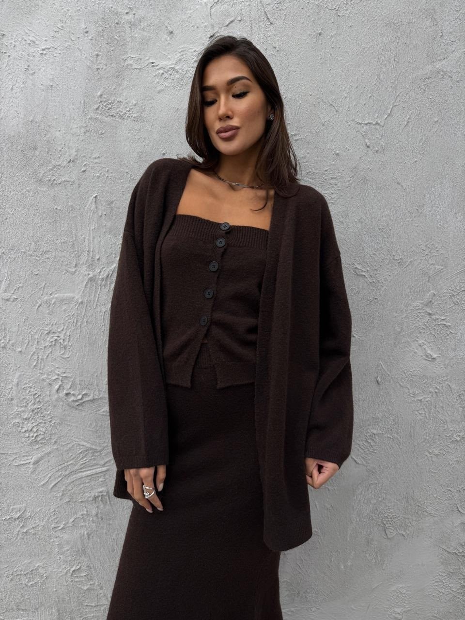 коричневый кардиган,костюм с кардиганом,костюм трикотажный,костюмы комплекты,кардиган