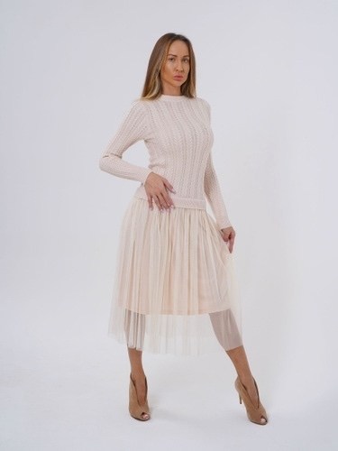 платье с трикотажным верхом,платье трикотажное с фатиновой юбкой,серое платье с фатином,трикотажное платье с фатином,платье вязаное