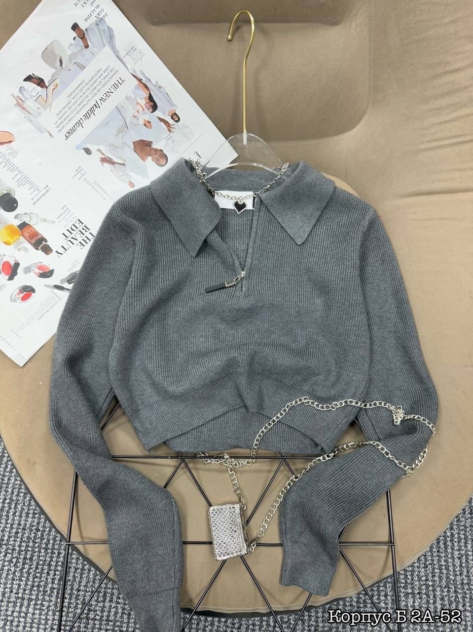 женская кофта,модные свитера,стильный свитер,свитер с воротником,вязаный свитер на молнии