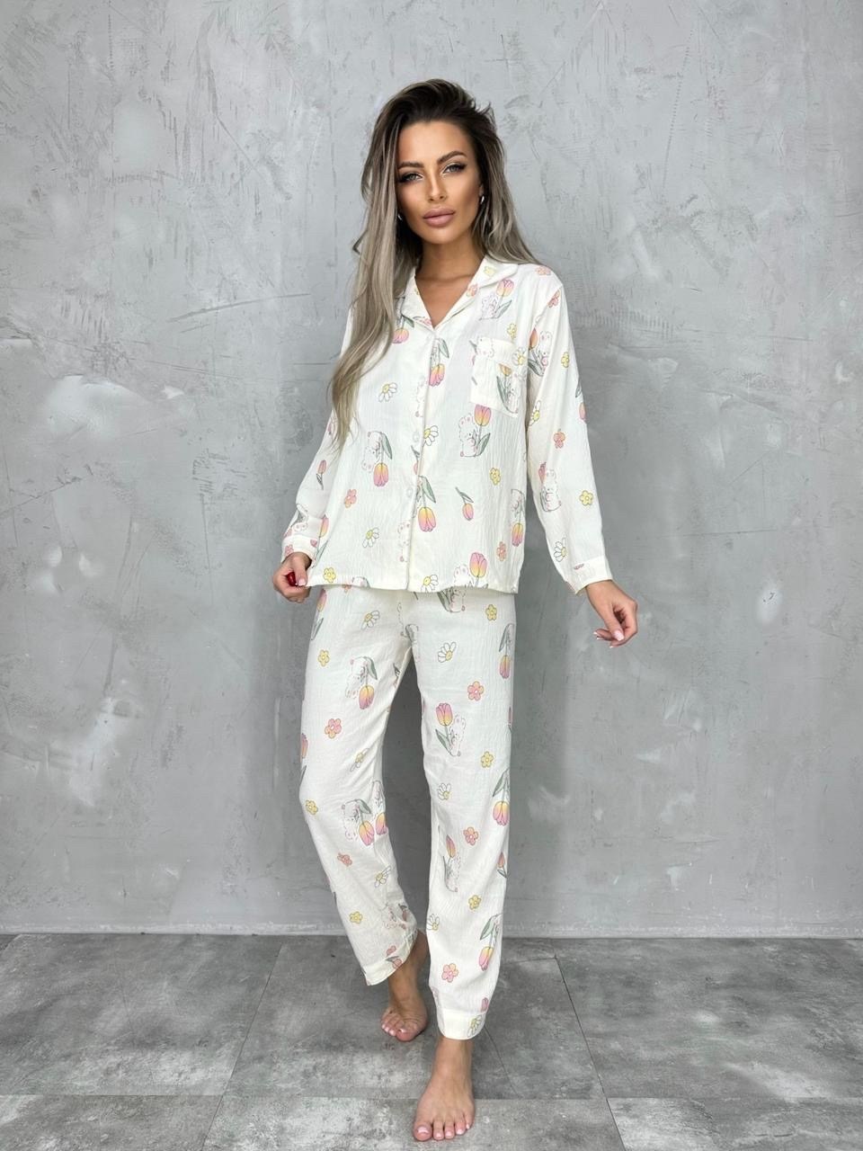 муслиновая пижама со штанами и рубашкой,пижама белая,пижама домашний костюм,пижама женская,женская домашняя пижама