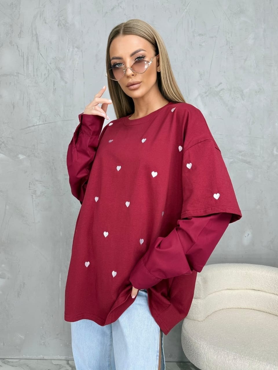 cвитшот женский оверсайз,женская кофта,теплый свитшот,свитшот с сердечками,футболка оверсайз с