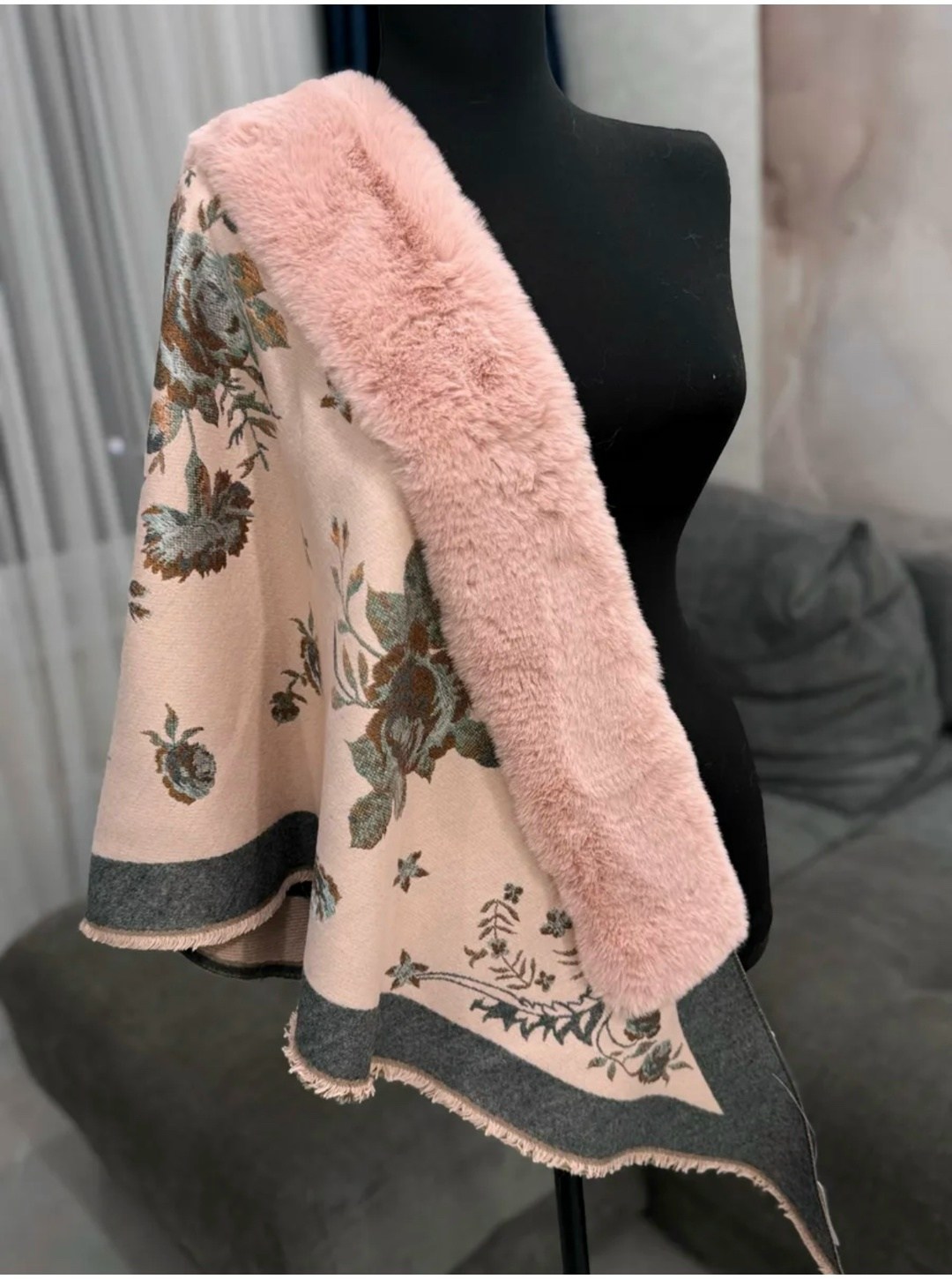 платок с мехом,палантин женские,павловопосадские платки,палантин с мехом,павлопосадский платок с мехом