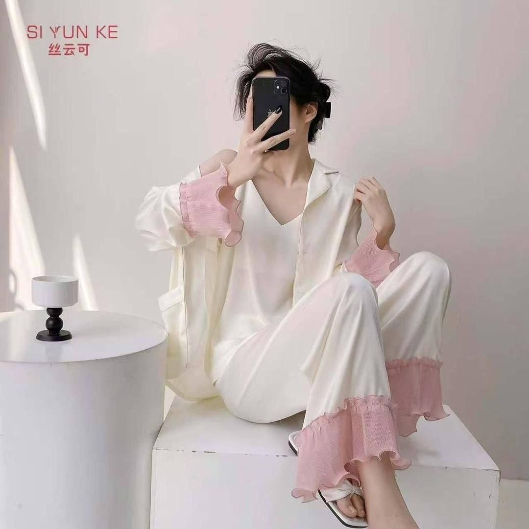 пижамный комплект с длинными рукавами,женская пижама с длинными рукавами,женская шелковая пижама,шелковая пижама,женский пижамный комплект с длинным рукавом