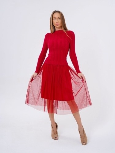 платье с трикотажным верхом,платье трикотажное с фатиновой юбкой,серое платье с фатином,трикотажное платье с фатином,платье вязаное