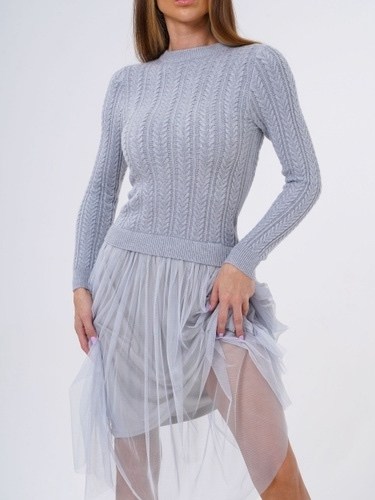 платье с трикотажным верхом,платье трикотажное с фатиновой юбкой,серое платье с фатином,трикотажное платье с фатином,платье вязаное