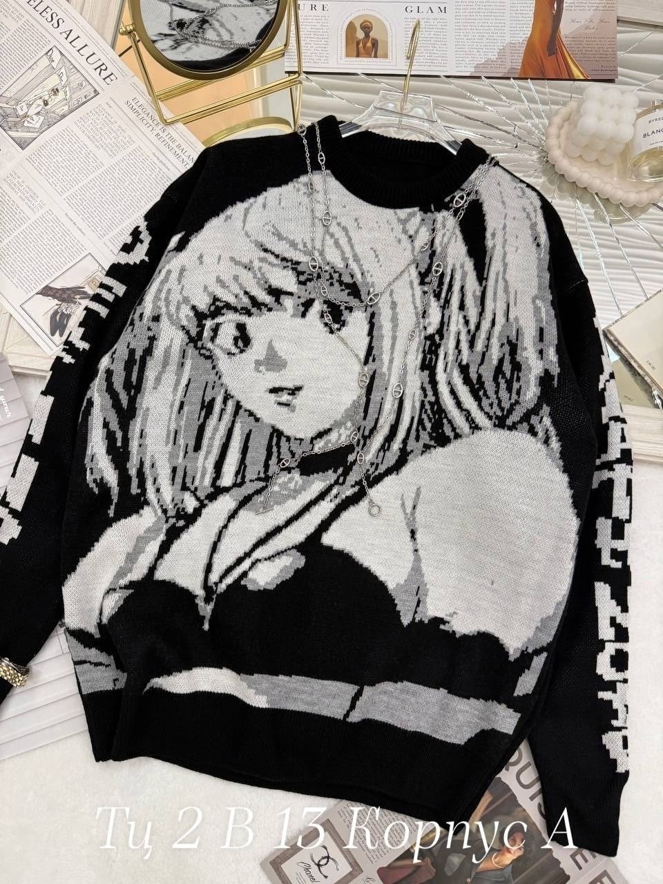 свитер аниме оверсайз,свитер женский оверсайз вязаный с принтом,свитер оверсайз с принтом аниме миса амане,свитер аниме,свитер с принтом