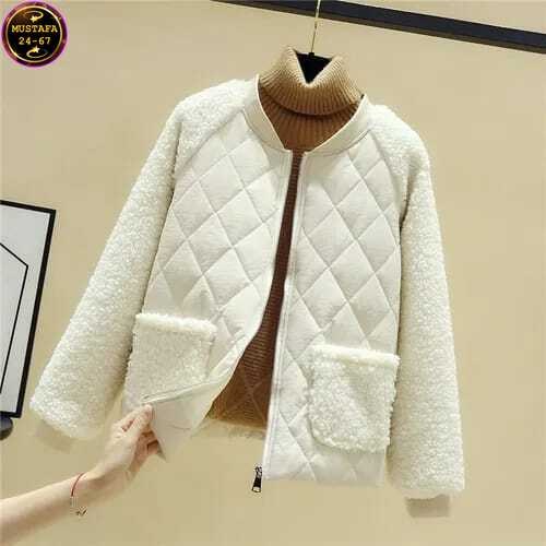 комбинированная куртка,повседневная куртка,куртка модная,женская короткая куртка из овечьей шерсти,теплая куртка