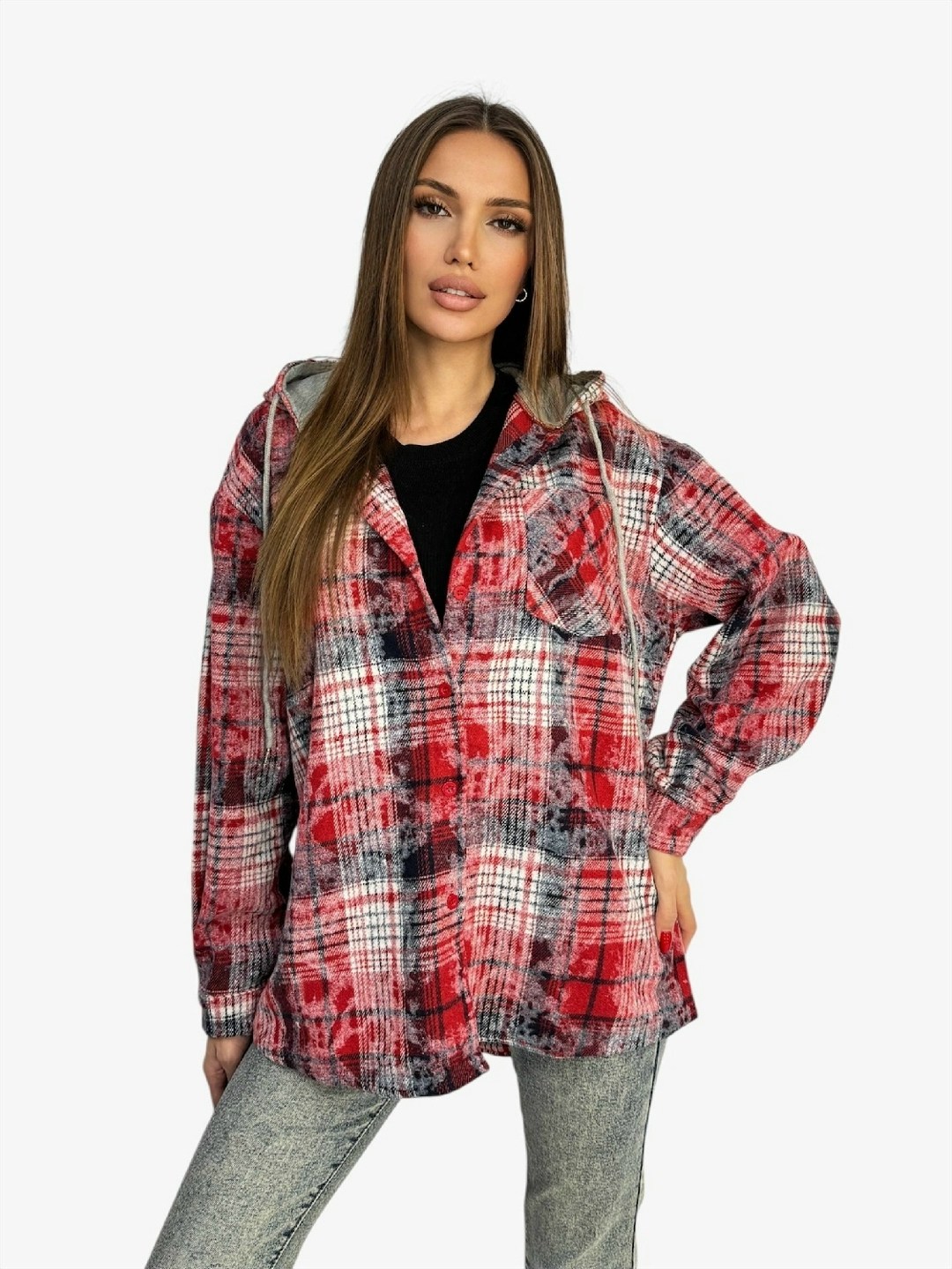 рубашка женская в клетку оверсайз,женская рубашка,рубашка в клетку женская,рубашка с капюшоном,рубашка женская с капюшоном