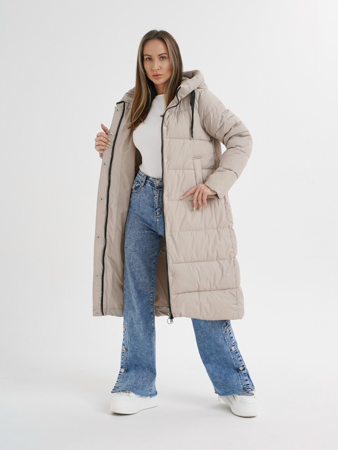 демисезонная куртка,пуховик демисезонный,бежевый пуховик,пуховик удлиненный женский,куртка женская длинная с капюшоном