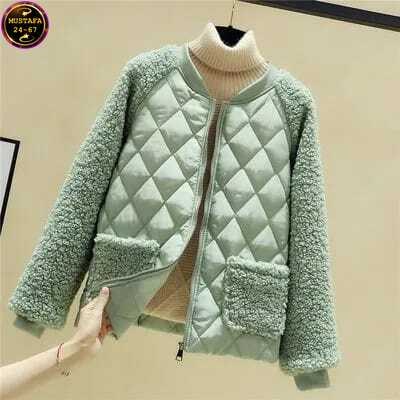 комбинированная куртка,повседневная куртка,куртка модная,женская короткая куртка из овечьей шерсти,теплая куртка