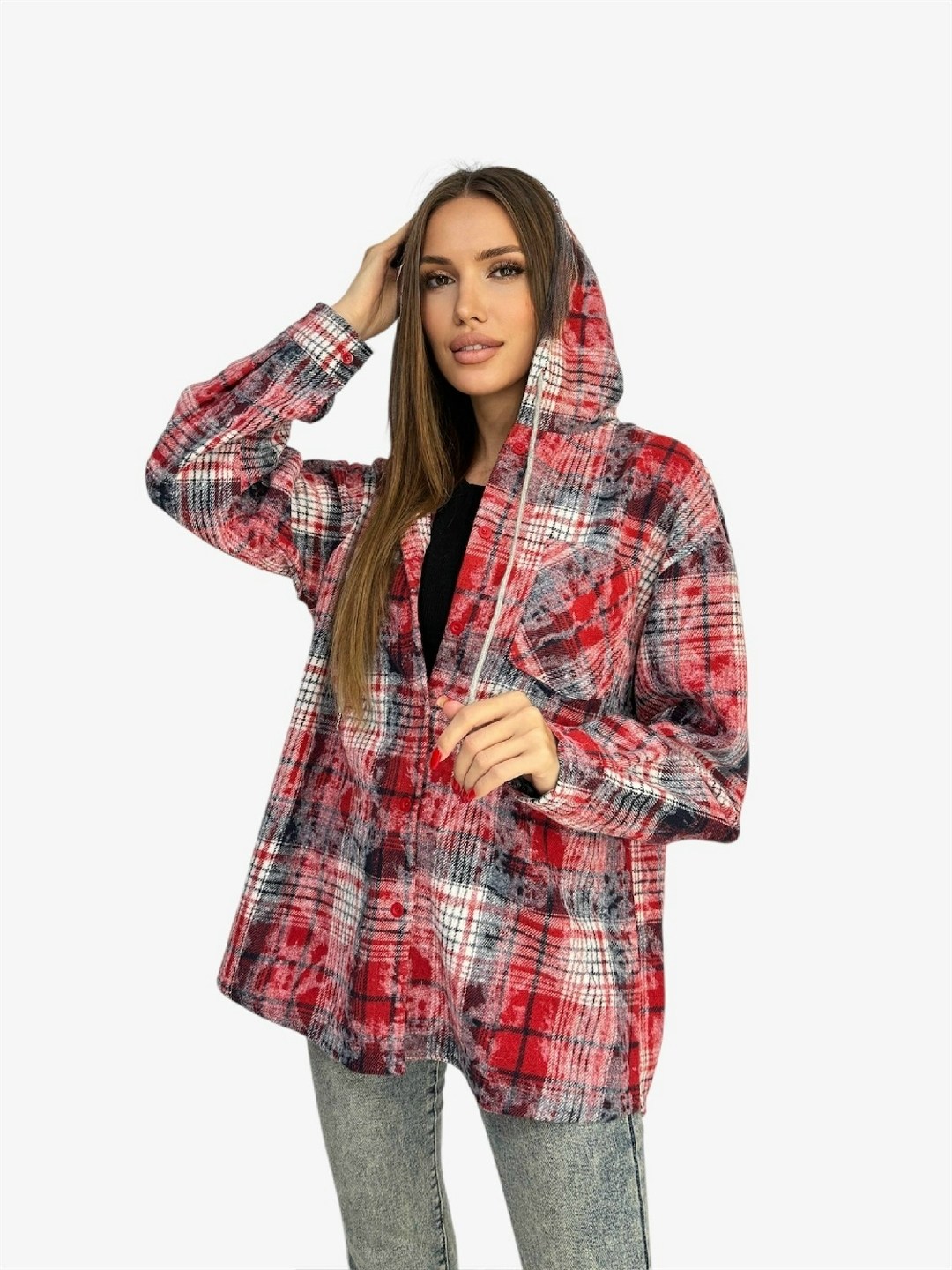 рубашка женская в клетку оверсайз,женская рубашка,рубашка в клетку женская,рубашка с капюшоном,рубашка женская с капюшоном