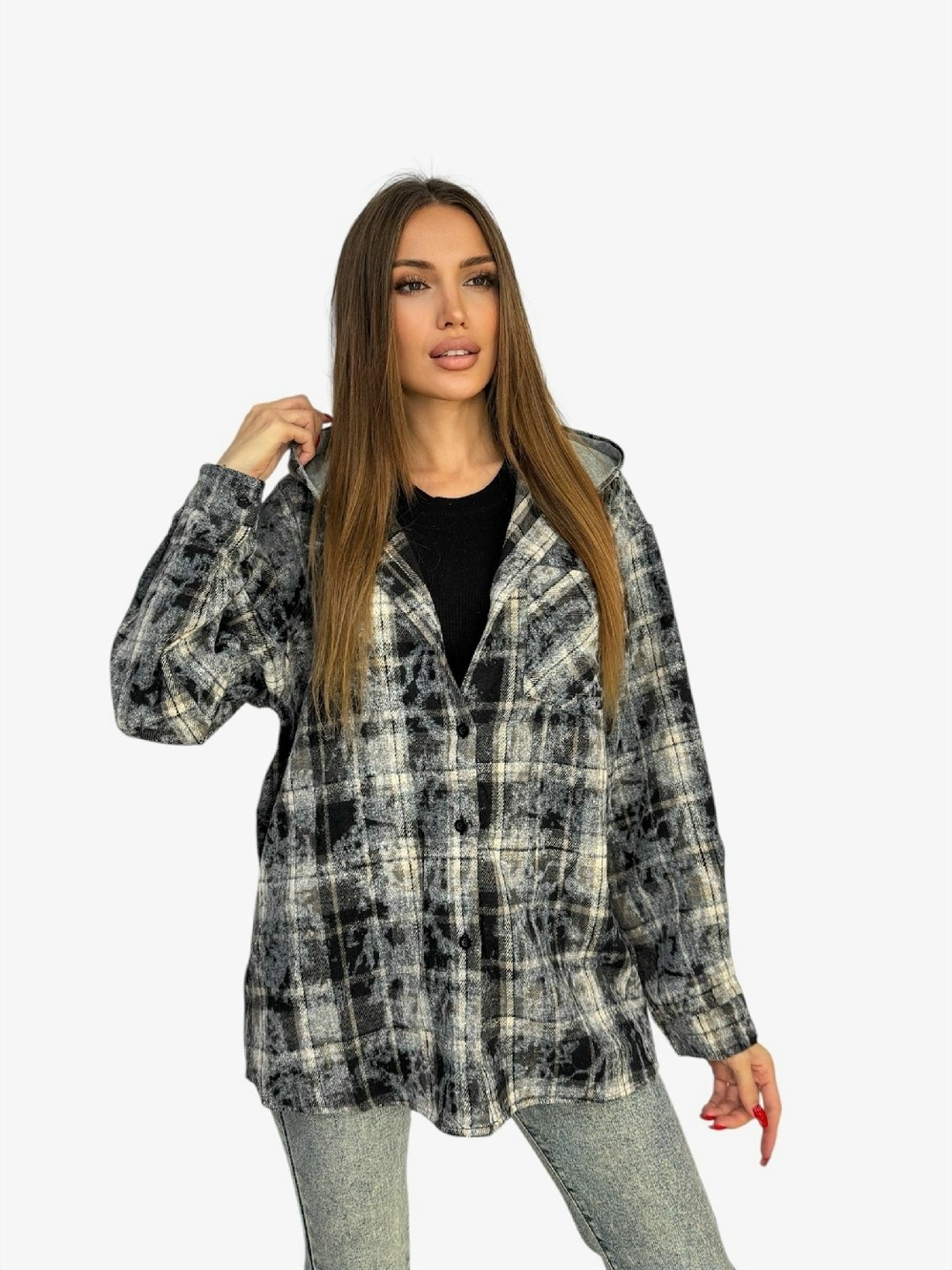 рубашка женская в клетку оверсайз,женская рубашка,рубашка в клетку женская,рубашка с капюшоном,рубашка женская с капюшоном