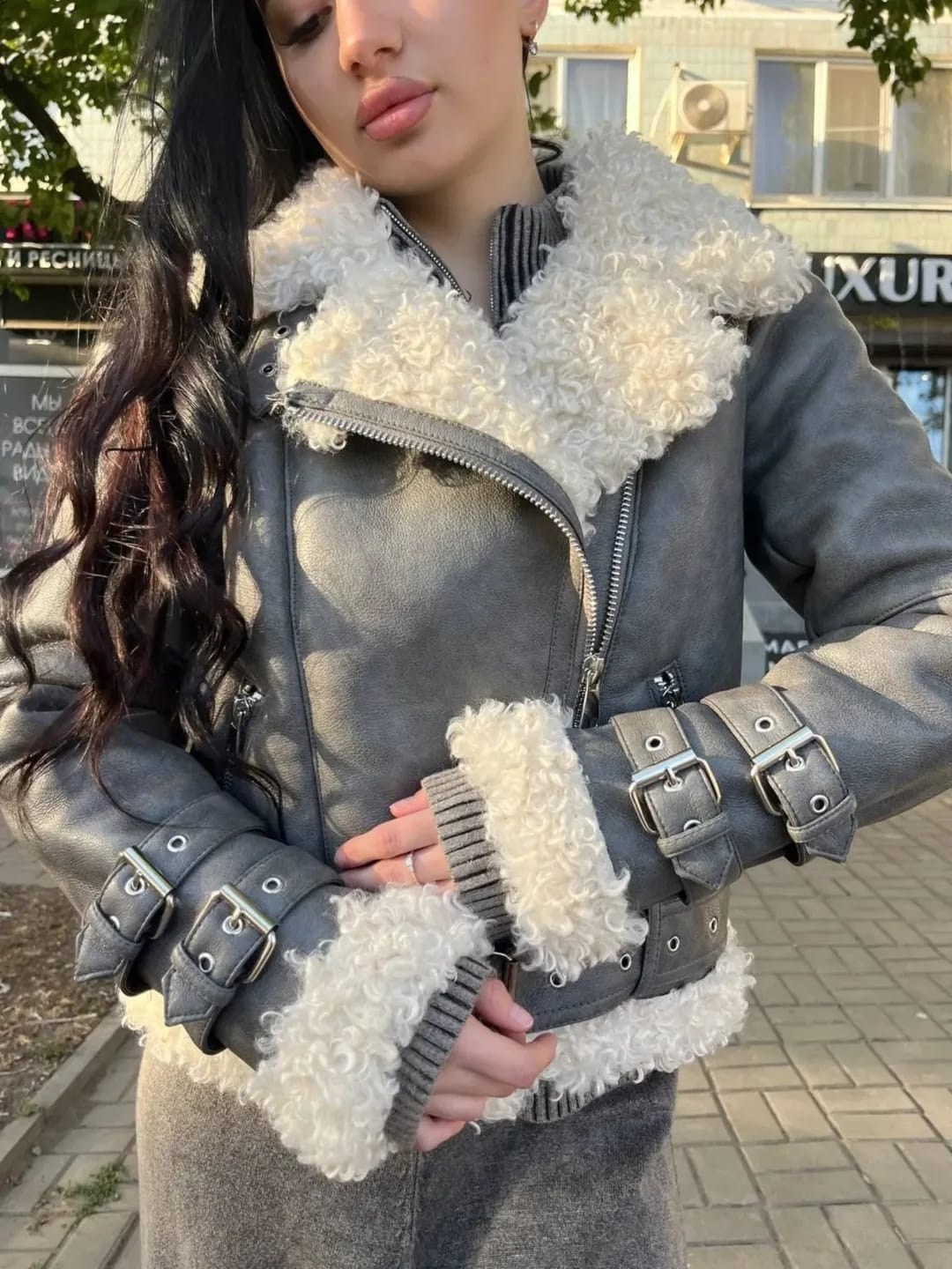 дубленка серая,дубленка женская,авиатор дубленка,куртка дубленка,стильная дубленка