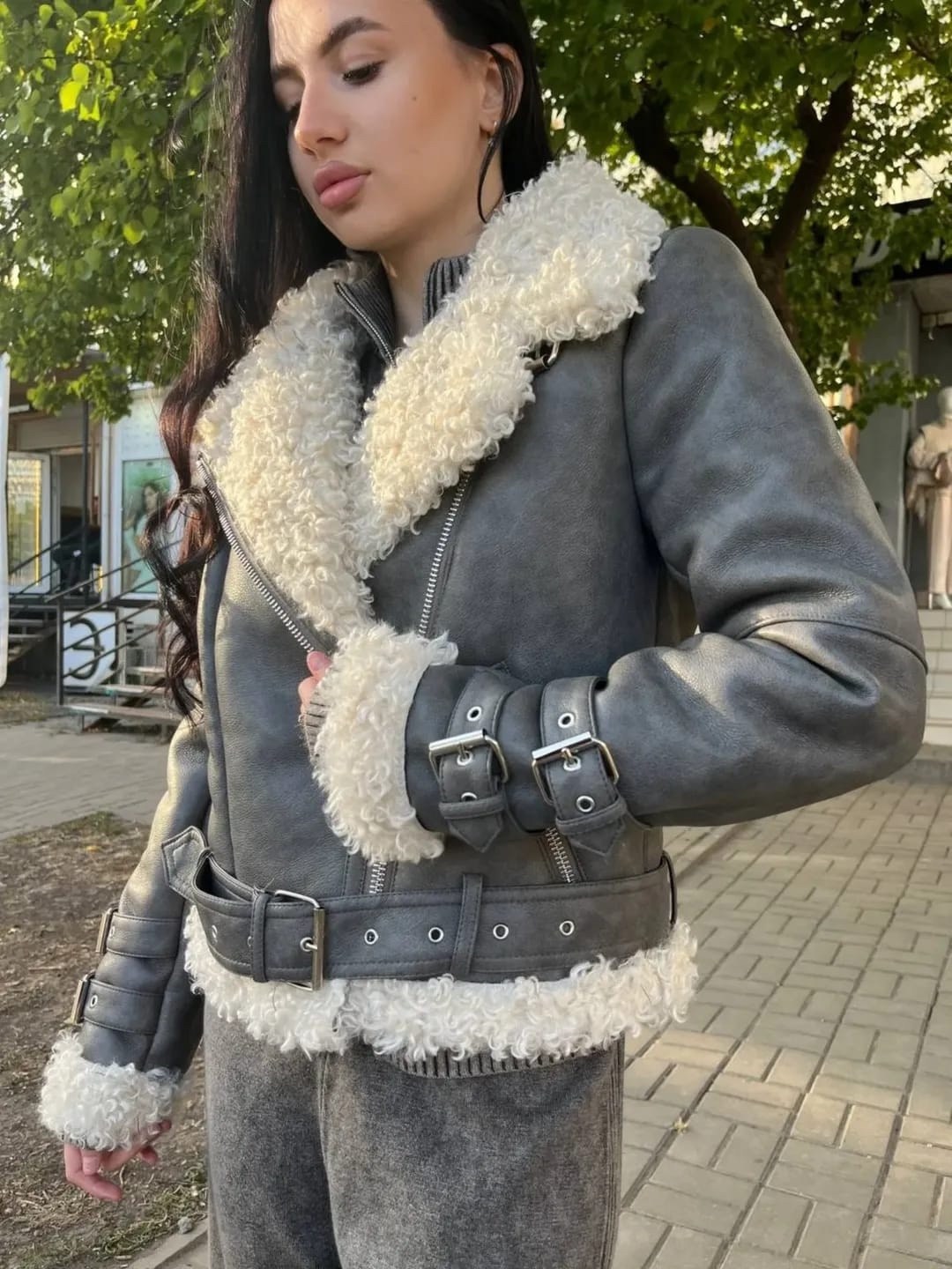 дубленка серая,дубленка женская,авиатор дубленка,куртка дубленка,стильная дубленка