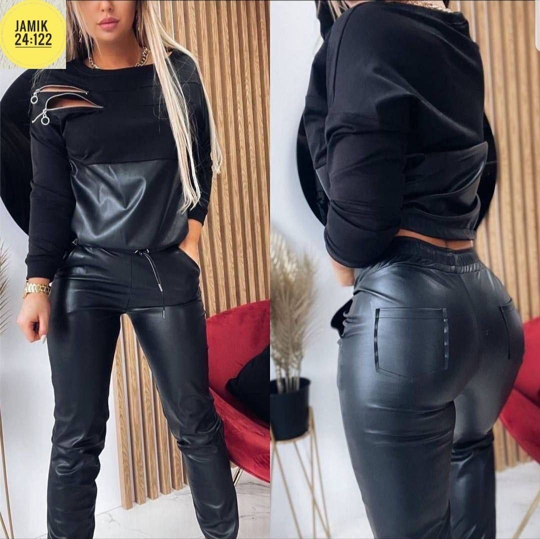 костюм из экокожи,спортивный костюм из экокожи,спортивные костюмы женские,костюм экокожа,костюм брючный двойка со вставками из экокожи