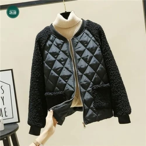 женская короткая куртка из овечьей шерсти,легкая стеганая куртка женская,женская куртка из искусственной овечьей шерсти,женская стеганая куртка,комбинированная куртка