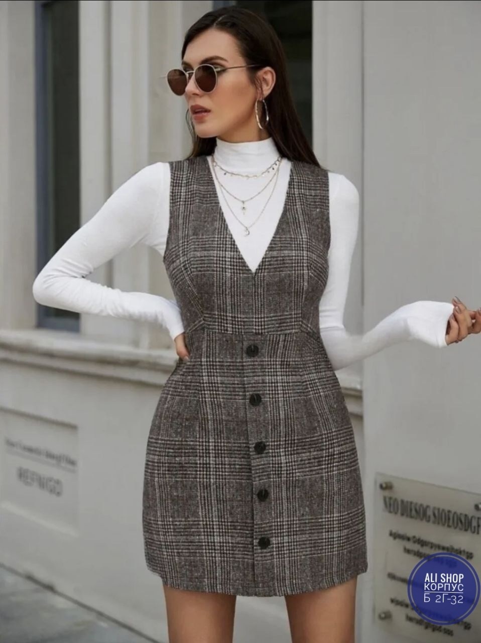 сарафан стильный,сарафан модный,сарафан твидовый,платье сарафан в клетку,сарафан в клетку