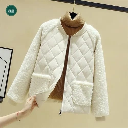 женская короткая куртка из овечьей шерсти,легкая стеганая куртка женская,женская куртка из искусственной овечьей шерсти,женская стеганая куртка,комбинированная куртка