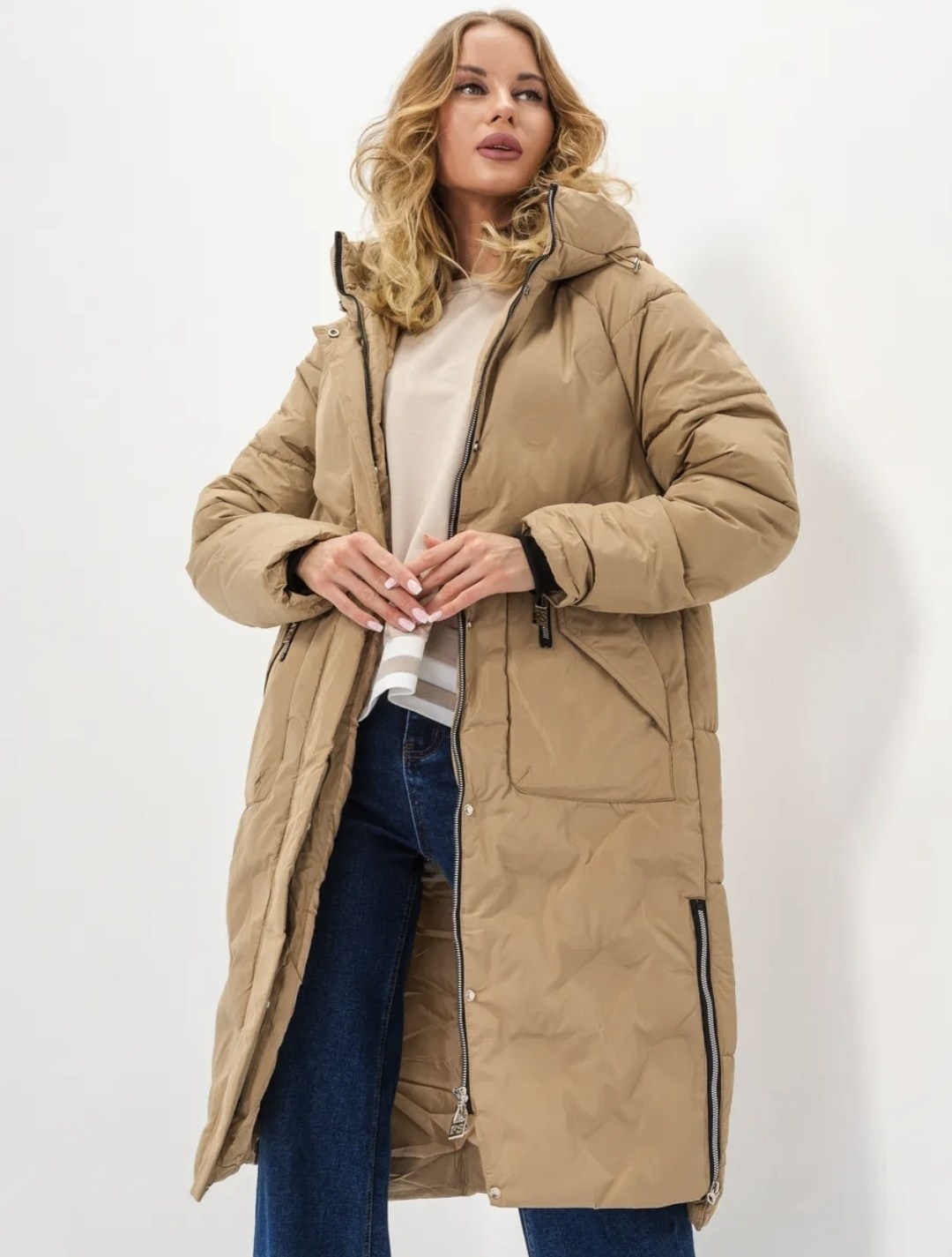 женские пуховики,куртка зимняя женская,удлиненная куртка,бежевый пуховик,пальто утепленное