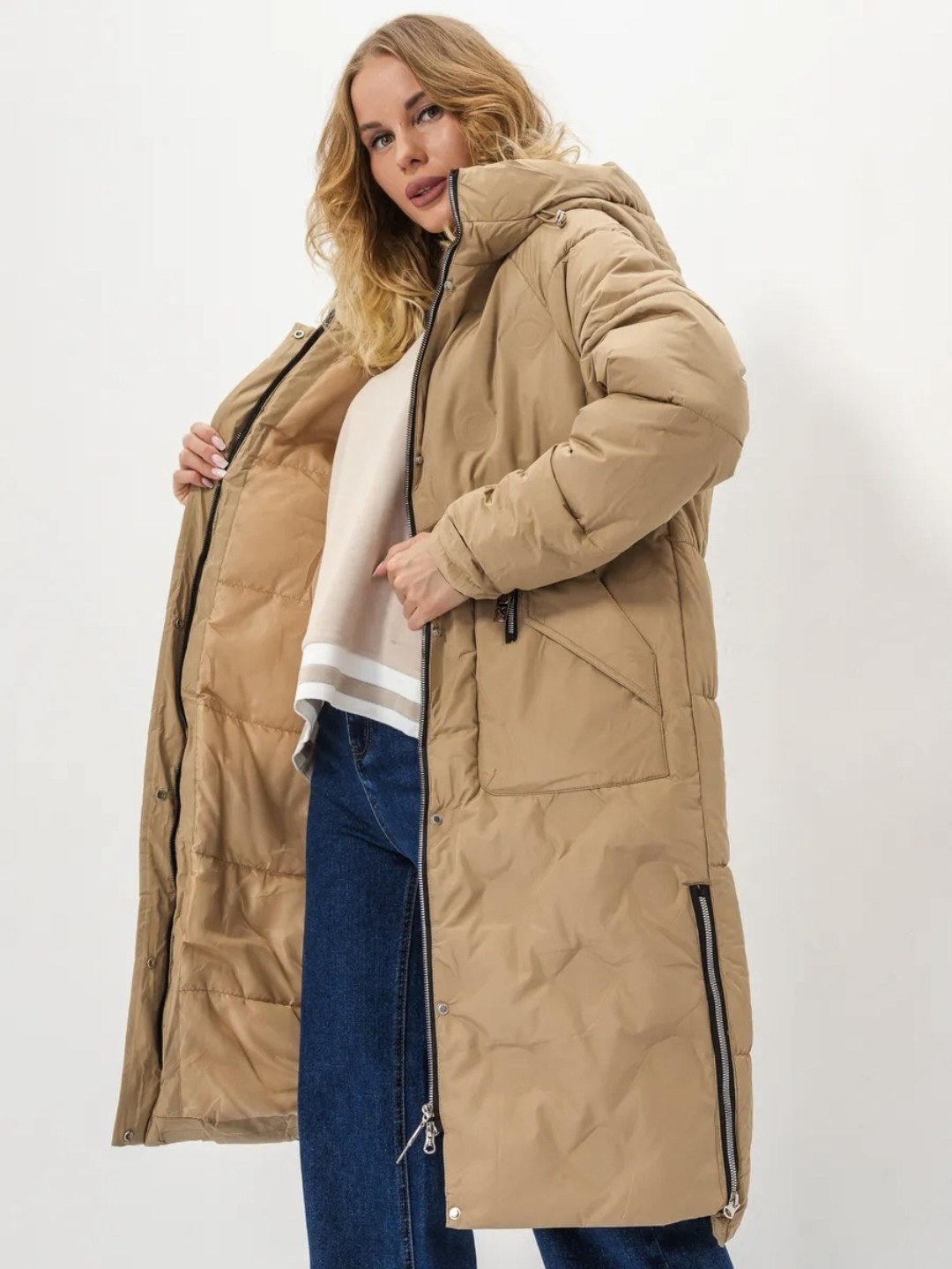 женские пуховики,куртка зимняя женская,удлиненная куртка,бежевый пуховик,пальто утепленное
