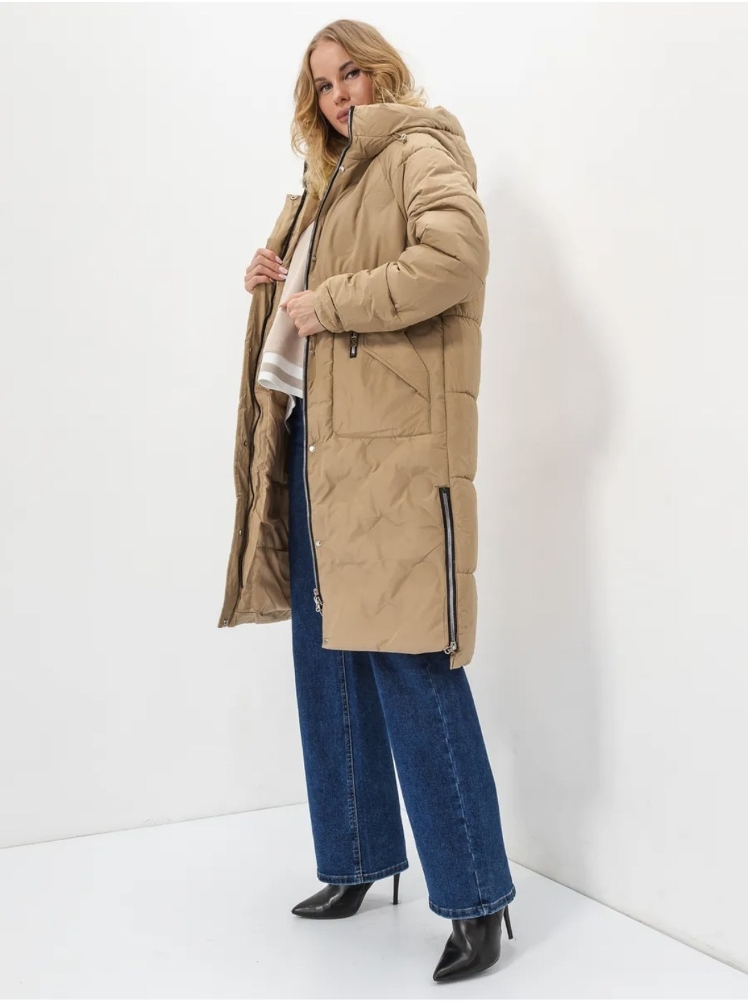 женские пуховики,куртка зимняя женская,удлиненная куртка,бежевый пуховик,пальто утепленное