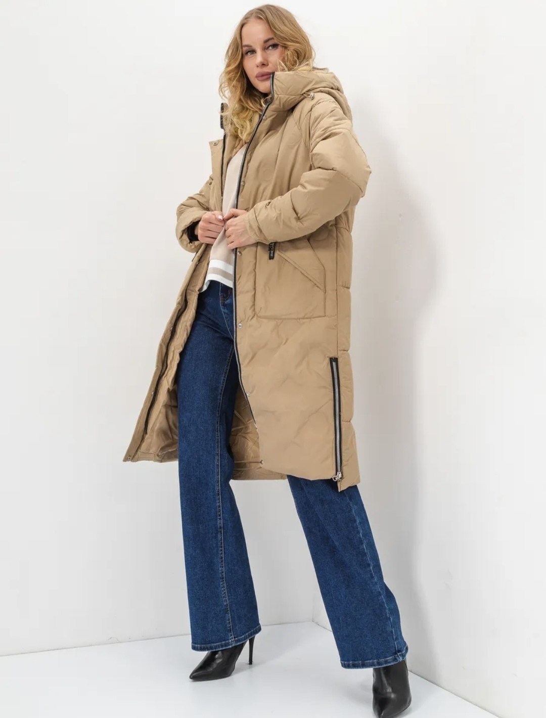женские пуховики,куртка зимняя женская,удлиненная куртка,бежевый пуховик,пальто утепленное