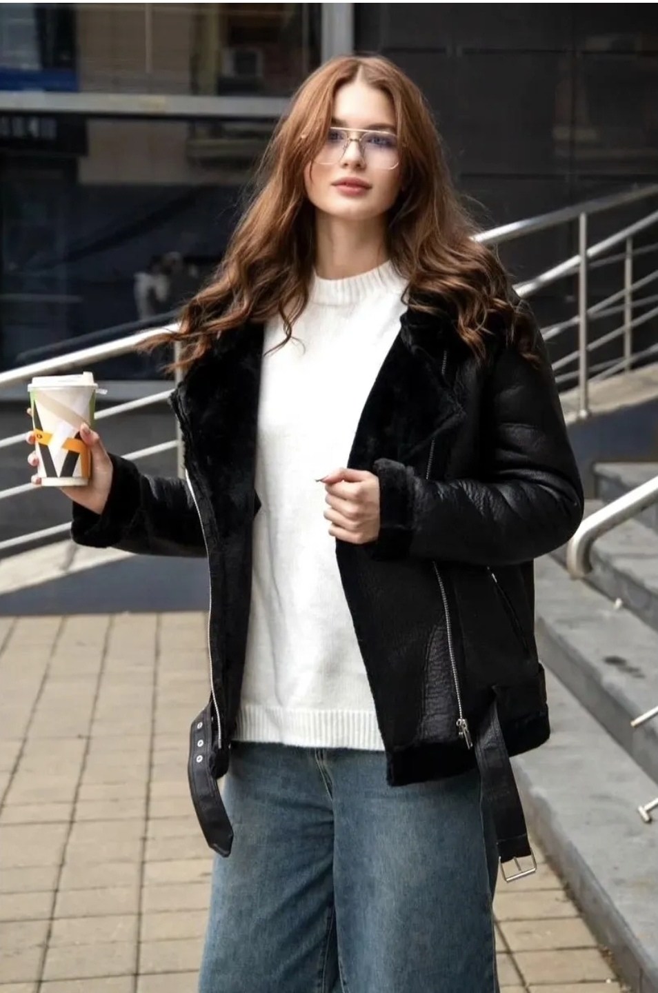 девушка,модные очки для зрения,стильные очки для зрения,дубленка авиатор женская,стильная дубленка женская