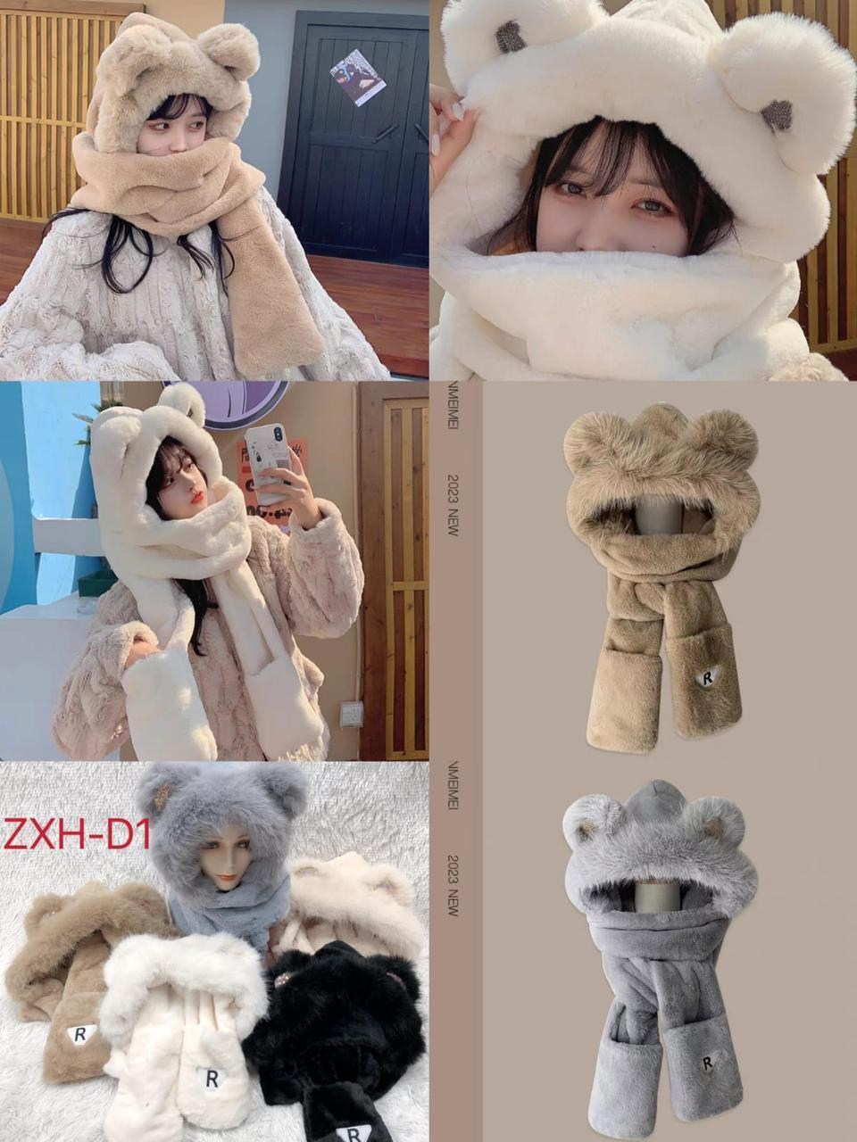 плюшевая шапка,шапка с шарфом,шарф с капюшоном,шапка шарф перчатки,шапка с медвежьими ушками