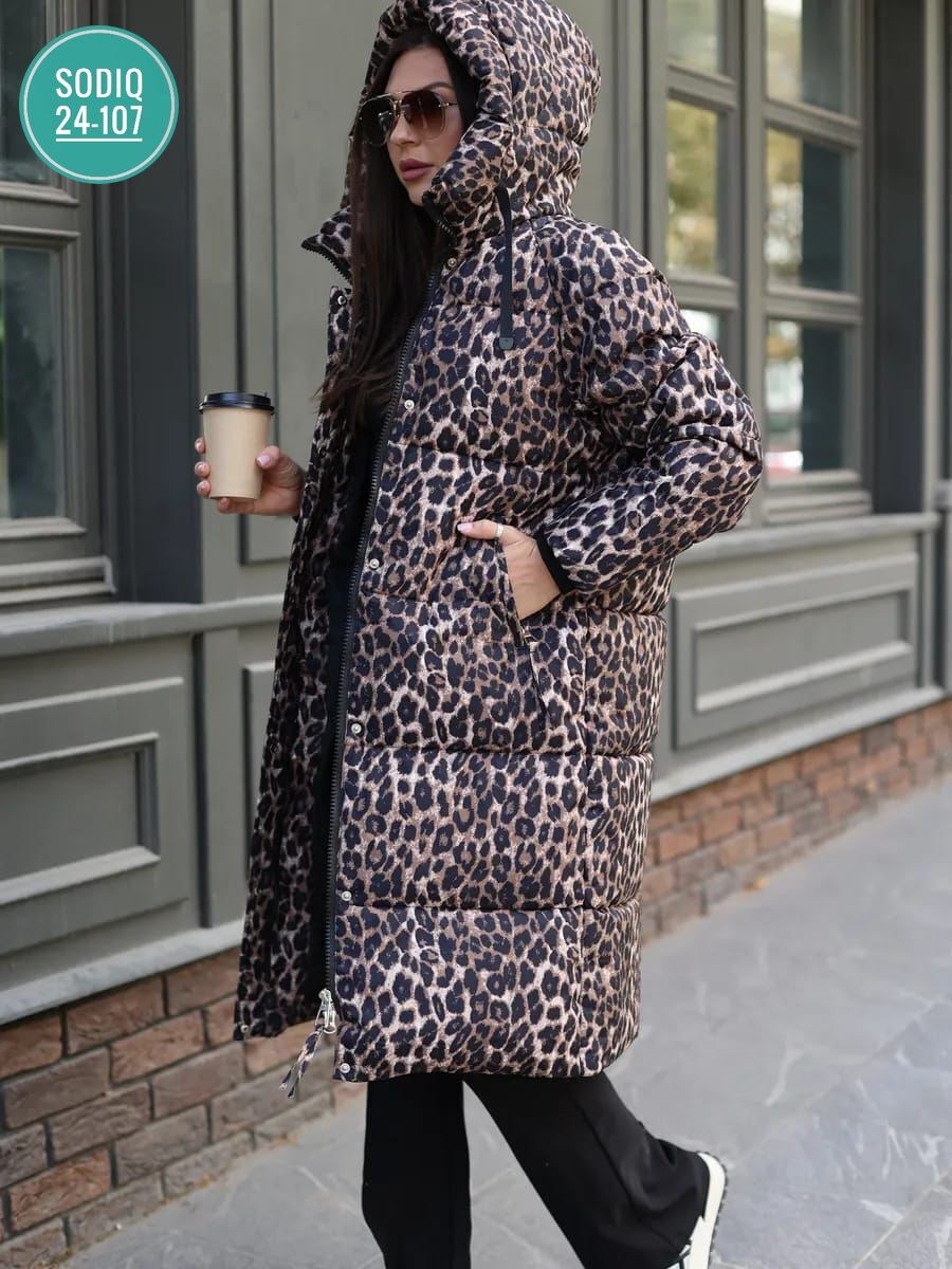 леопардовый пуховик,удлиненная куртка,женские пуховики,женская куртка,куртка леопардовая
