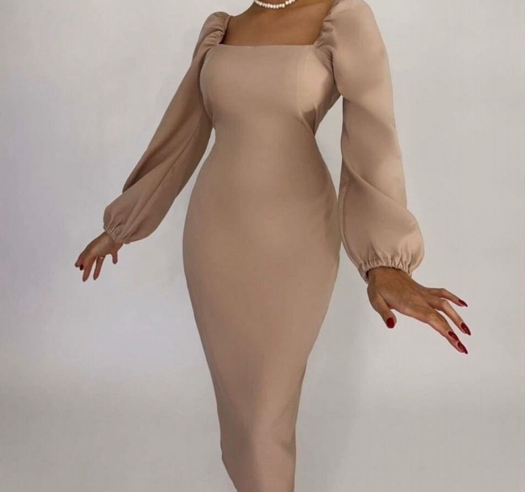 платье нарядное,платье стильное,платье с объемными рукавами,платье,пудровое платье