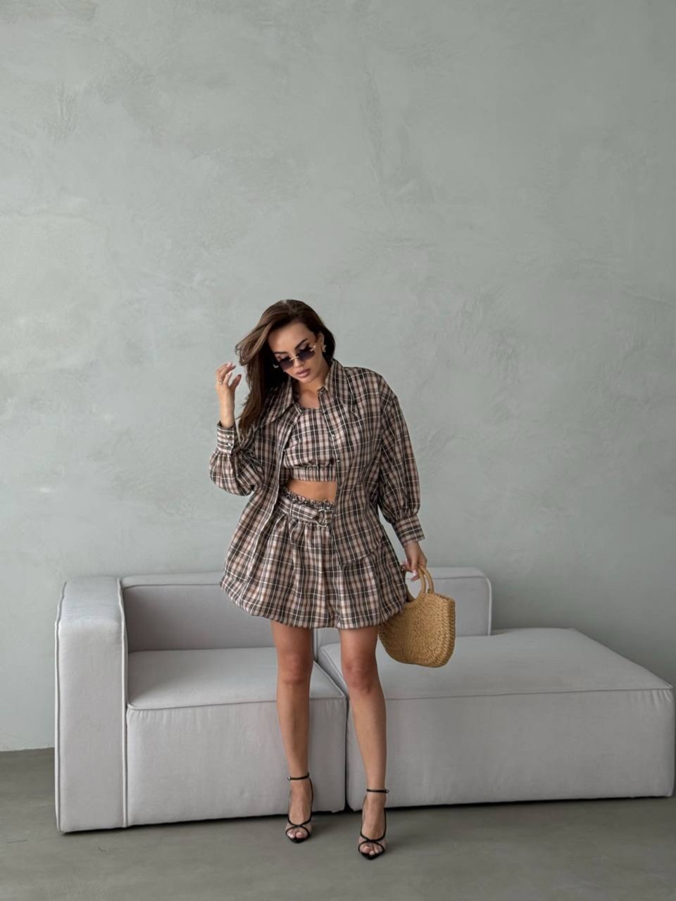 костюм в клетку,костюм тройка,модные комплекты,клетчатый костюм,костюмы женские с юбкой