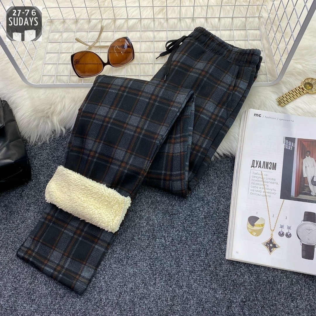 теплые штаны,штаны с мех,клетчатые брюки,jmprs зимние плотные женские клетчатые брюки,брюки с мехом