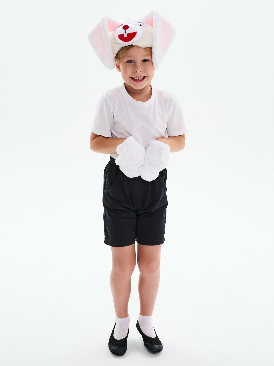 костюм зайчик белый карнавалия,шапочка зайчика,шапочка "зайчик белый" п4019,новогодний костюм зайчика для мальчика,карнавальная шапочка зайчик