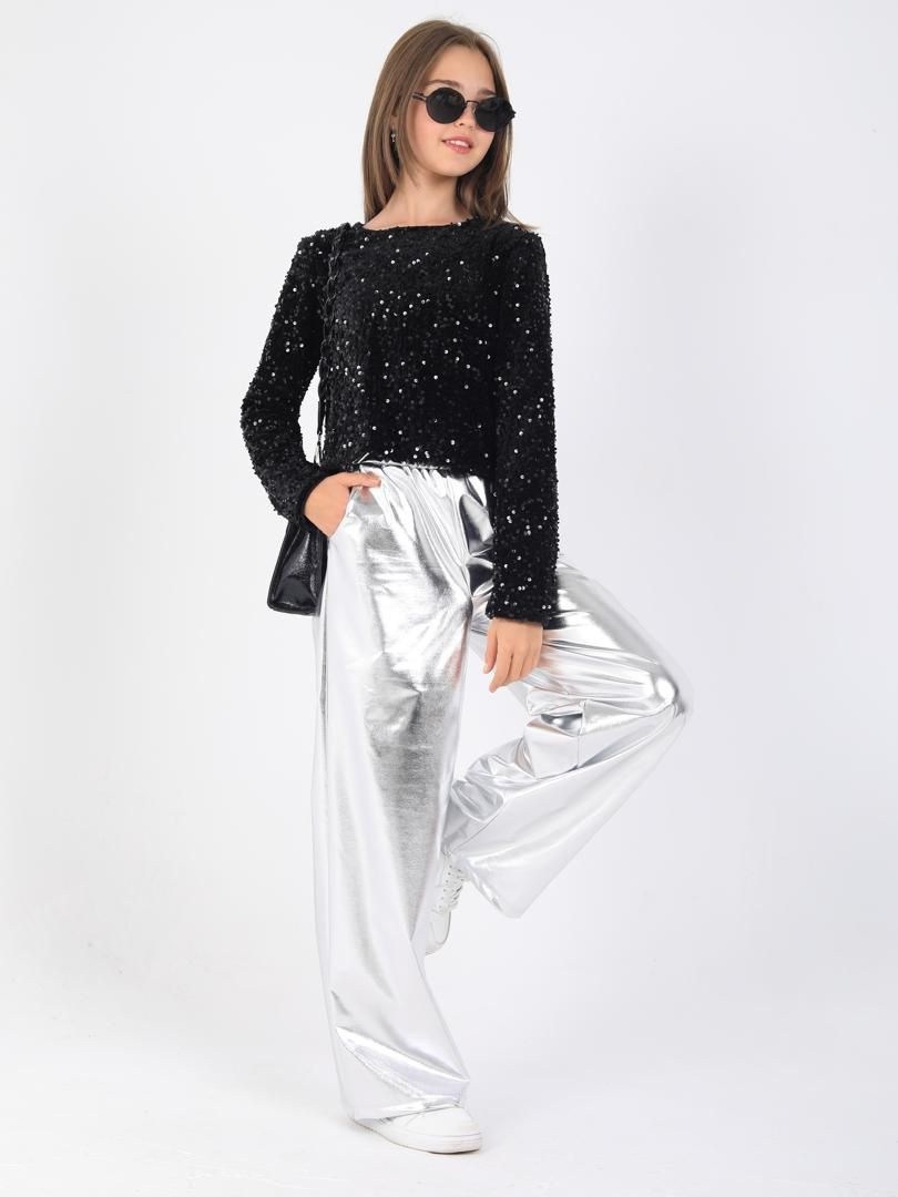 костюмы брючные,брюки серебряные,брюки блестящие,костюм для девочки брючный нарядный металлик,брючный костюм с пайетками