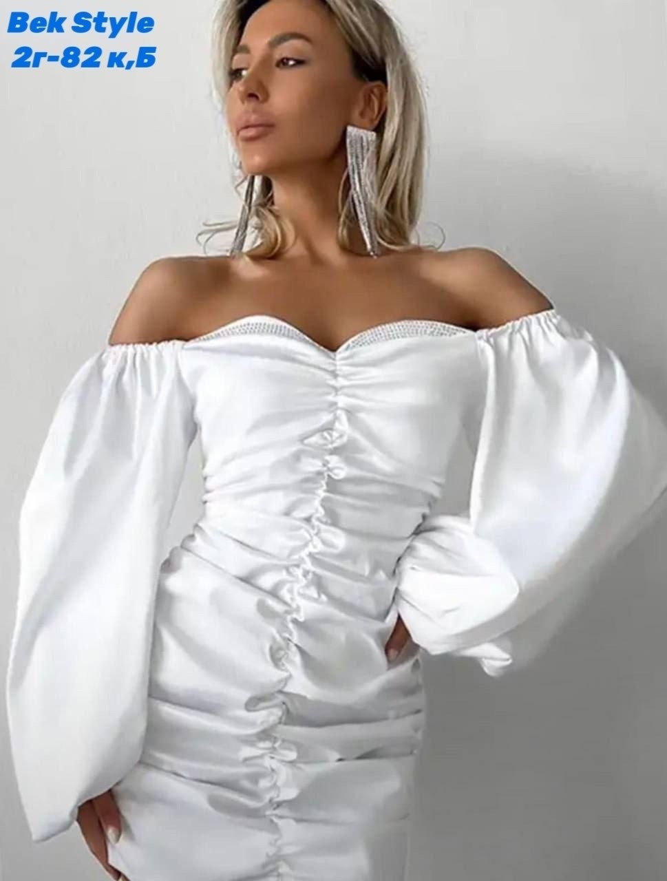 женское платье с открытыми плечами,атласное платье,нарядное платье,объемные рукава,мини платье