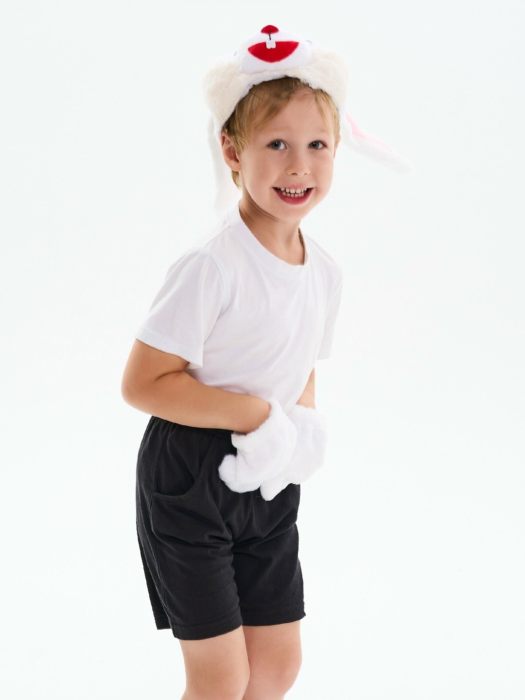 костюм зайчик белый карнавалия,шапочка зайчика,шапочка "зайчик белый" п4019,новогодний костюм зайчика для мальчика,карнавальная шапочка зайчик