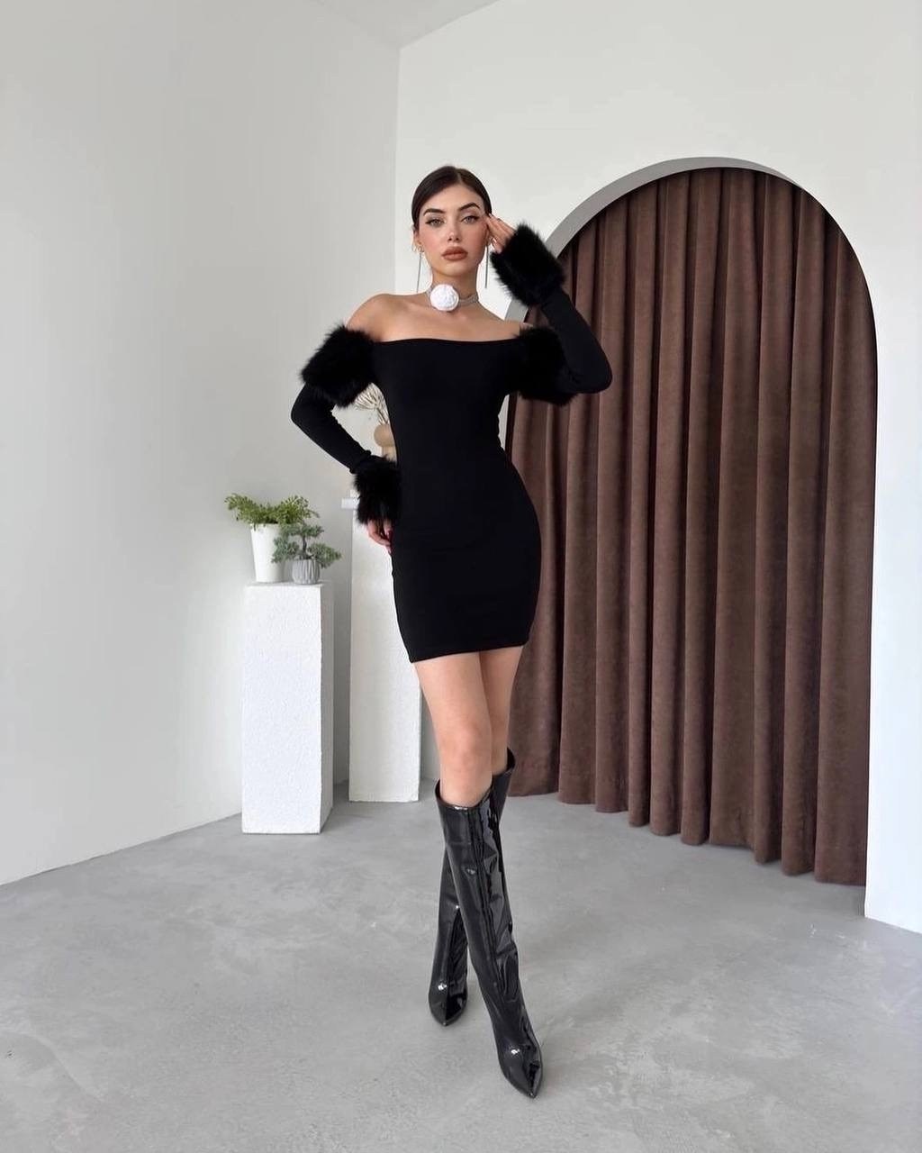 модное платье,платье с мехом,короткое платье,облегающее платье,платье с перьями