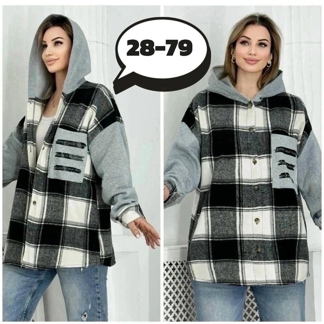 рубашка теплая в клетку удлиненная,теплая рубашка,рубашка женская теплая,одежда больших размеров,теплая рубашка с капюшоном