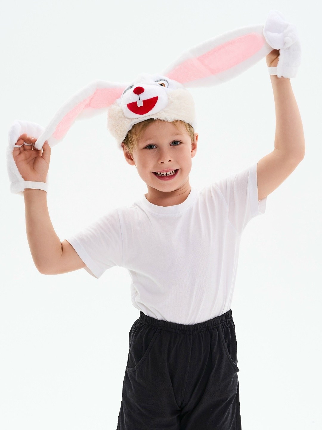 костюм зайчик белый карнавалия,шапочка зайчика,шапочка "зайчик белый" п4019,новогодний костюм зайчика для мальчика,карнавальная шапочка зайчик