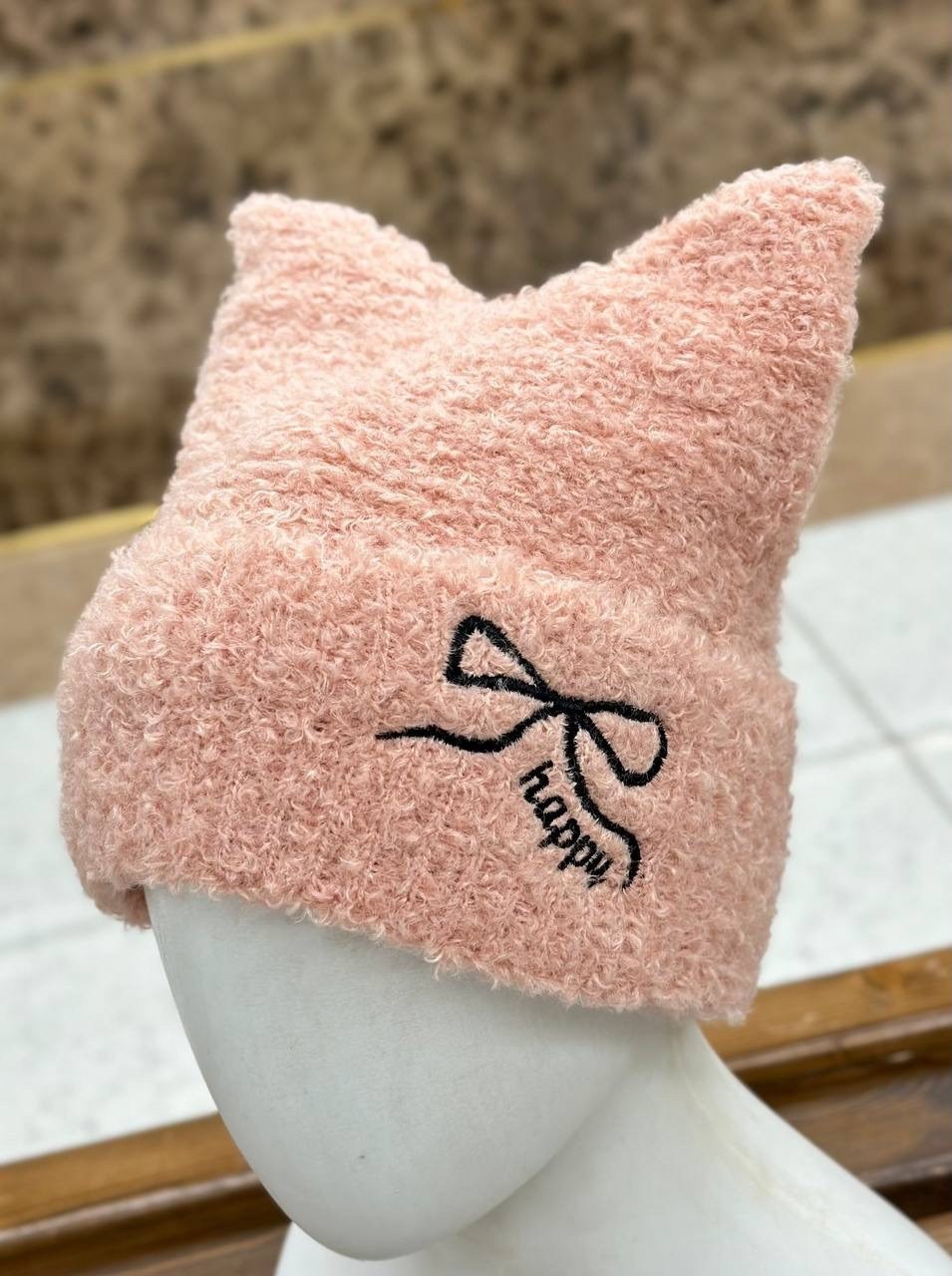 вязаная шапка с кошачьими ушками,шапка с кошачьими ушками,плюшевая шапка,шапка бини с кошачьими ушками,шапки с ушами