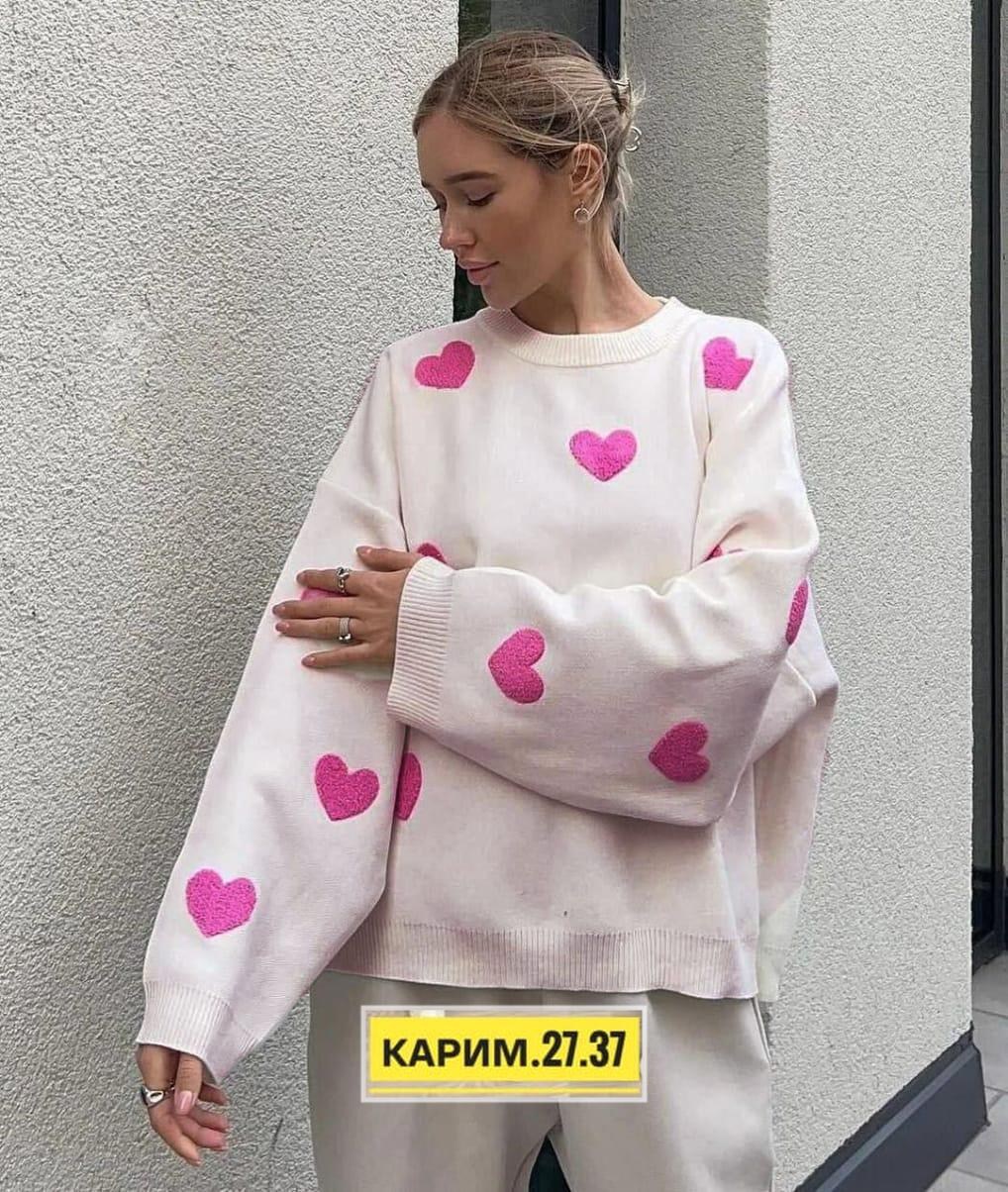свитер с сердечками,свитер с сердечками вязаный оверсайз,свитшот женская,свитер с сердечками оверсайз,свитер кофта