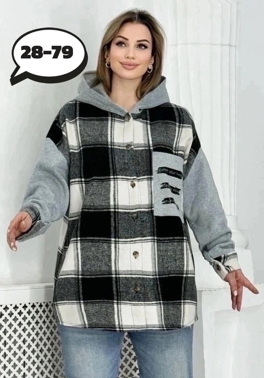 рубашка теплая в клетку удлиненная,теплая рубашка,рубашка женская теплая,одежда больших размеров,теплая рубашка с капюшоном