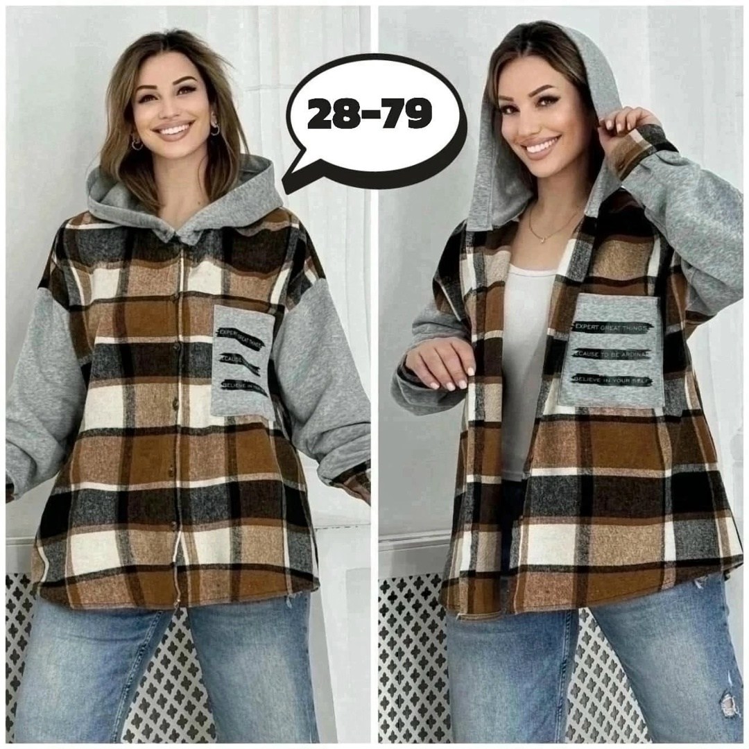 рубашка теплая в клетку удлиненная,теплая рубашка,рубашка женская теплая,одежда больших размеров,теплая рубашка с капюшоном