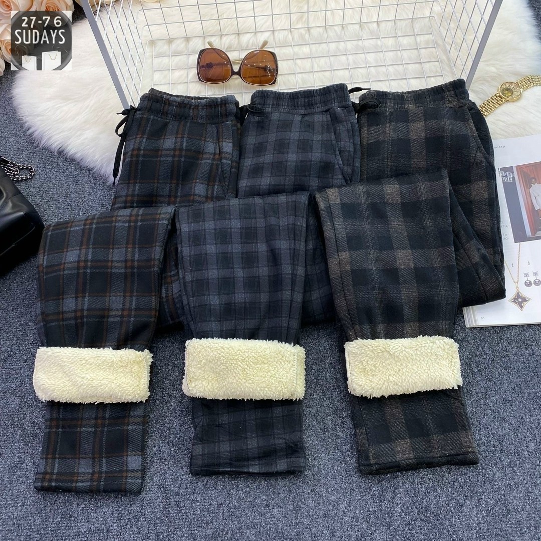 теплые штаны,штаны с мех,клетчатые брюки,jmprs зимние плотные женские клетчатые брюки,брюки с мехом
