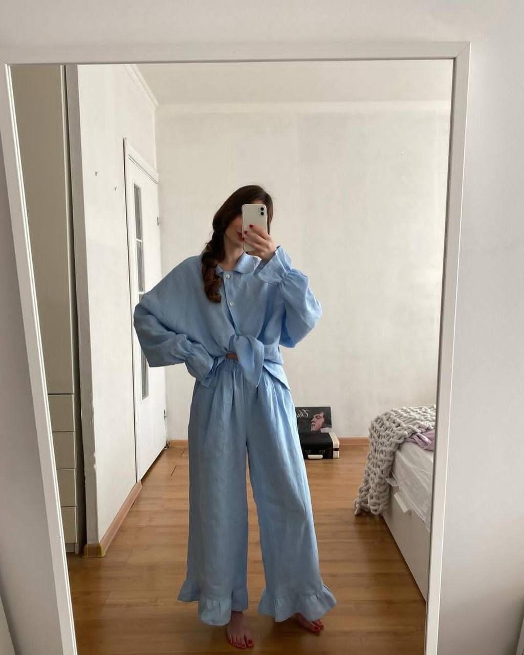 костюм женский льняной,льняной костюм с брюками,стильные костюмы,костюм с воланом,костюмы брючный