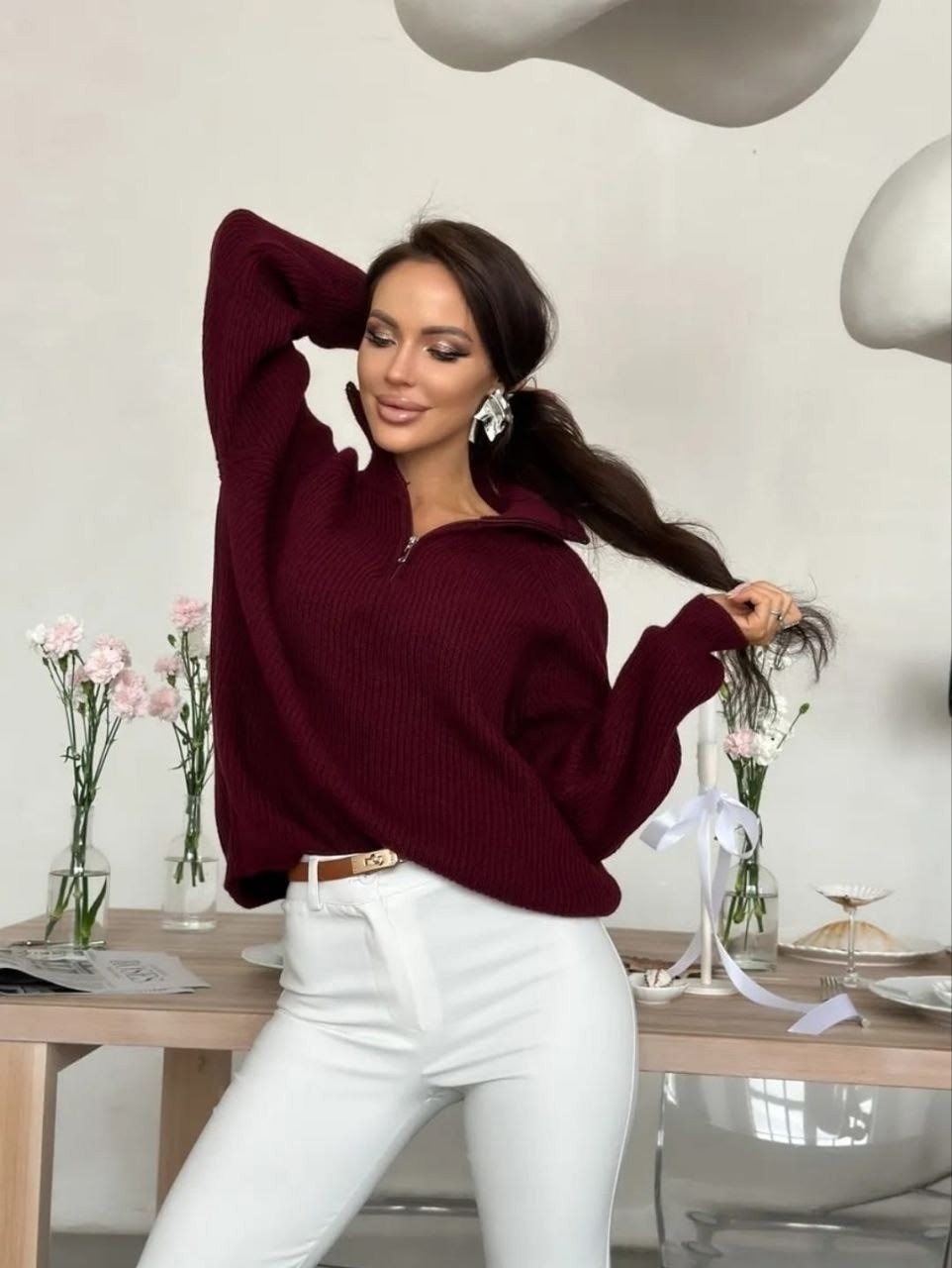 свитер женский кофта,женские вязаные свитера,базовый вязаный свитер,свитера женские,бордовый свитер