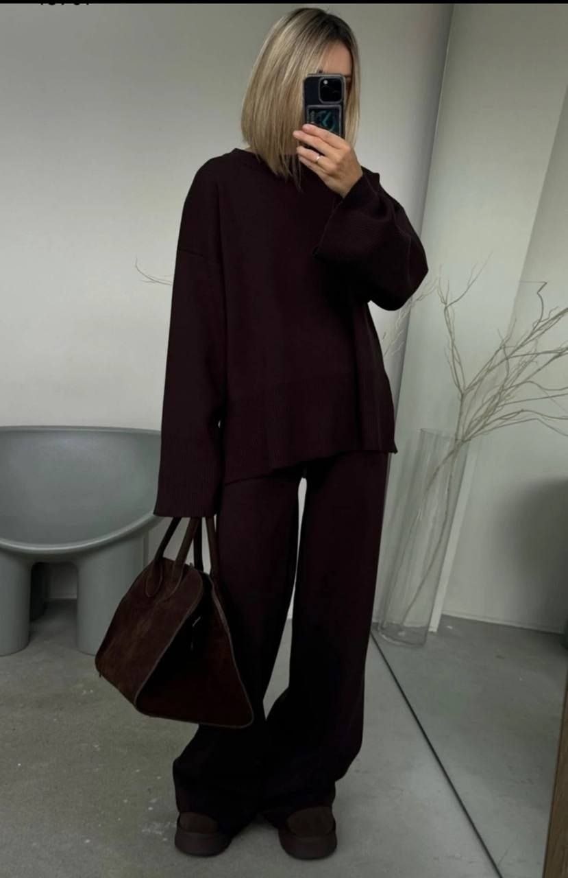 трикотажные костюмы,вязаные костюмы,костюм вязаный теплый с брюками kamillastyle,костюмы брючные,костюм молочный