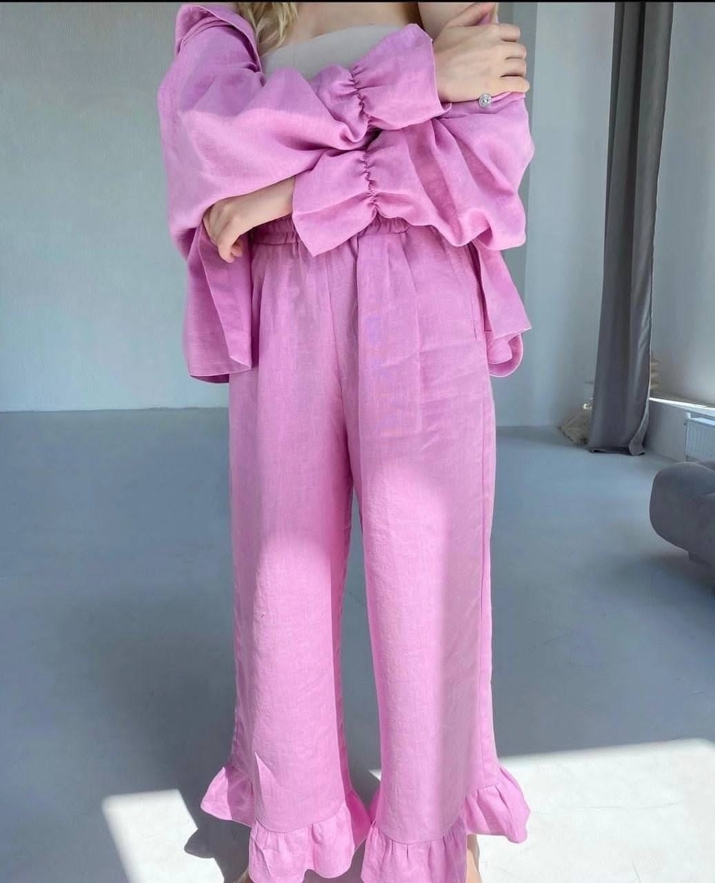 костюм женский льняной,льняной костюм с брюками,стильные костюмы,костюм с воланом,костюмы брючный