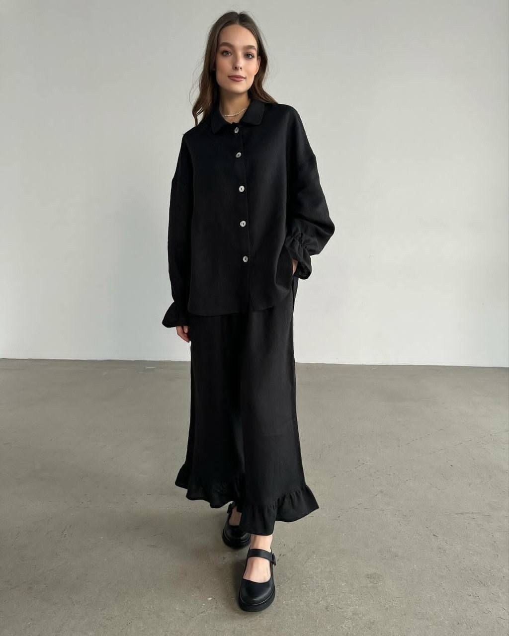 костюм женский льняной,льняной костюм с брюками,стильные костюмы,костюм с воланом,костюмы брючный