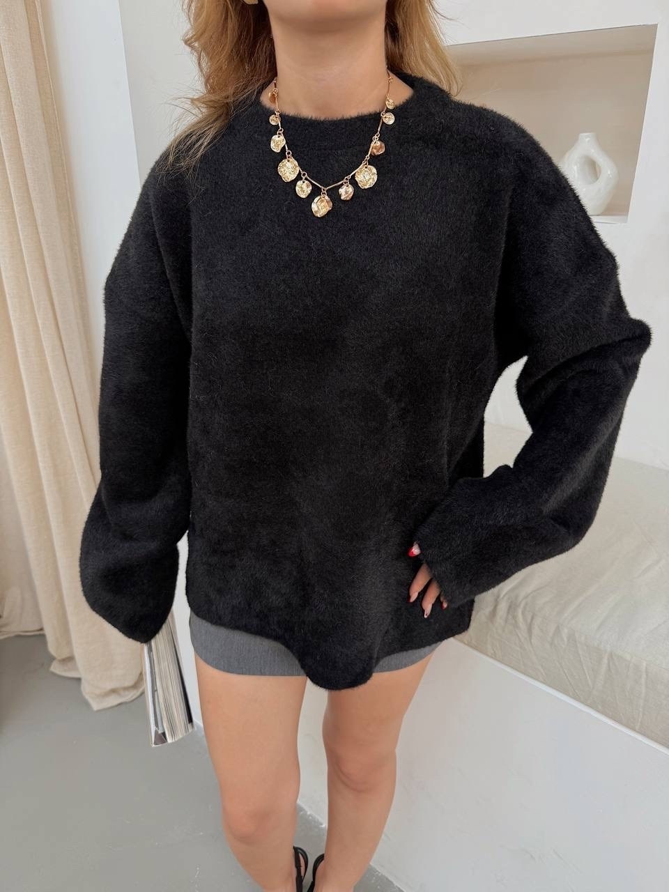 свитшот женская,стильный свитер,свитер джемпер,меховая кофта,свободный свитер